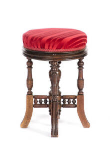PIANO STOOL: Late Victorian revolving stool with circular red velvet seat.