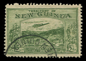 NEW GUINEA: FORGERY: 1935 (SG.205) £5 Bulolo Panelli/Oneglia forgery in dull green, with forged datestamp.