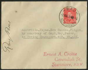 NEW GUINEA - Aerophilately & Flight Covers: 31 July 1937 (AAMC.P147) Melbourne - WAU (New Guinea) flown cover, carried and signed by Ray Paper on his Boeing 40 Biplane VH-ADX delivery flight. Very small mail carried, believed to be no more than 6 items.