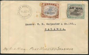 PAPUA - Aerophilately & Flight Covers: 1930 (July 21) Port Moresby-Salamaua flown cover (AAMC.P20) with Lakatois 1½d and 3d 'AIR MAIL' tied by PORT MORESBY '19JUL30' datestamps, Cat $325. Scarce.