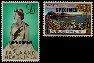 PAPUA NEW GUINEA: 1963 (SG.44s & 45s) 10/- Rabaul and £1 Queen, SPECIMEN Overprints, superb **. (2).
