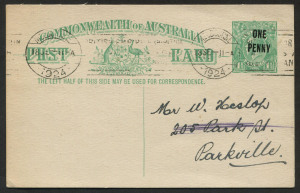 Postal CardsPostal Cards: 1923 'ONE/PENNY' on 1½d Emerald-Green (#P53), MELBOURNE '18SE/1924' machine cancel, used locally to Parkville, BW:P59 - Cat. $200.