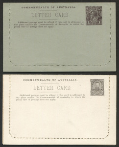 Letter Cards: 1911-12 1d Full-Face Design perf.10 on white card with cream interior "Mosman Bay - Sydney" in sepia, fine unused, (BW:LC11/77); 1913-14 1d Kangaroo Design Die 2 perf.10 on greenish-grey card, "Ballarat" (2) one in purple-black, the other in