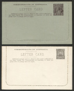 Letter Cards: 1911-12 1d Full-Face Design perf.10 on white card with cream interior "Mosman Bay - Sydney" in sepia, fine unused, (BW:LC11/77); 1913-14 1d Kangaroo Design Die 2 perf.10 on greenish-grey card, "Ballarat" (2) one in purple-black, the other in