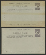 Letter Cards: 1911-12 1d Full-Face Design perf.10 on white card with cream interior "Mosman Bay - Sydney" in sepia, fine unused, (BW:LC11/77); 1913-14 1d Kangaroo Design Die 2 perf.10 on greenish-grey card, "Ballarat" (2) one in purple-black, the other in - 3