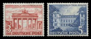 WEST BERLIN: 1949 4pf to 5DM Buildings set (ex 1pf), plus 1954 70pf Castle, all superb MUH, Mi.43-60 & 123 - Cat. ‚¬870. (19)