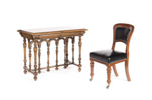 French walnut centre table with turned column undercarriage, late 19th century (Height 76cm, width 100cm, depth 62cm); plus antique mahogany chair with black leather upholstery.
