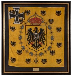 The flag standard of Augusta of Saxe-Weimar-Eisenach - Queen of Prussia (German Empress) wife of German Emperor; Wilhelm I. Framed and glazed, overall 156 x 154cm.