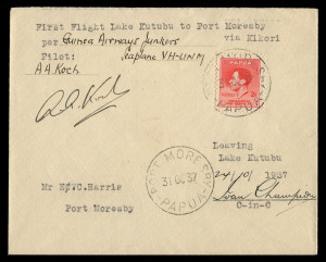 PAPUA - Aerophilately & Flight Covers: 31 Oct.1937 (AAMC.P121) Lake Kutubu - Port Moresby, cover flown for Guinea Airways and signed by pilot, A.A Koch, endorsed by officer-in-charge 'Ivan Champion'. [Only 17 flown]. This flight was intended to depart on 