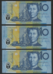 1993 TEN DOLLARS, Fraser/Evans, 'GI 93792009/011' consecutive run of three notes with "Blue Shading of the Dobell Portrait", Unc. (3)