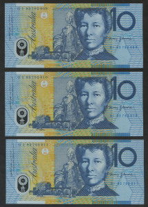 1993 TEN DOLLARS, Fraser/Evans, 'GI 93792009/011' consecutive run of three notes with "Blue Shading of the Dobell Portrait", Unc. (3)