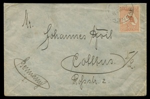 Kangaroos - First Watermark: Dec.1913 usage of 5d Chestnut on a double-rate cover from Sydney to Cottbus, GERMANY. Endorsed "Erhalten 31.1.14" on reverse. Cat.$1000.