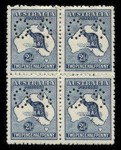 Kangaroos - Third Watermark: 2½d Deep Indigo, blk.(4) perforated Small OS; upper units MLH, lower units MUH. A scarce, well centred block. BW:Cat. $1500+.