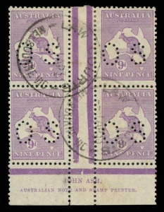 Kangaroos - Small Multiple Watermark: 9d Violet, Perforated OS, Ash Imprint blk.(4) [BW:28(4)z] with variety "Die 2 substitution" at position 4R49. Probably unique thus. Attractively used April 1933 with "LAW COURTS - MELBOURNE" cds's.  The Notes accompan