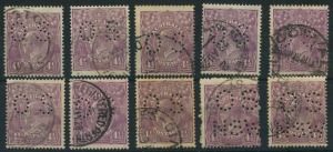 KGV Heads - Single Watermark: 4½d Violet Perf 'OS' (8, one aged) plus Perf 'OS/NSW' (2) variable centring, cds cancels; BW:118 group - Cat. $1000. (10)