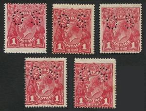 KGV Heads - Large Multiple Watermark: 1d Carmine Perf 'OS' mint group, with some shade variance, typical mixed centring, one with rounded corner, another gum crease; one example is MUH (toned gum); BW: 74b - Cat $2000+. (5)