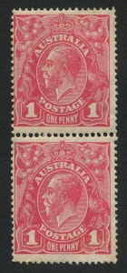 KGV Heads - Large Multiple Watermark: Cooke 1d Carmine-Pink vertical pair (lower unit small surface rub at base), with characteristic "golden orange" ultra violet lamp reaction, mildly tanned gum, upper unit MUH; BW:71A - Cat. $1750+.