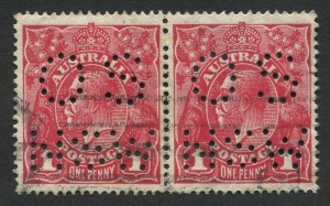 KGV Heads - Large Multiple Watermark: Harrison 1d Carmine Red Perf 'OS/NSW' pair, fine used; BW:74D - Cat. $350+  