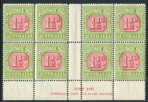 Postage Dues: 1922-31 (SG.D93) 1½d Carmine & Yellow-Green, Ash Imprint blk.(8); mainly MUH and very fresh. BW:D107zb.