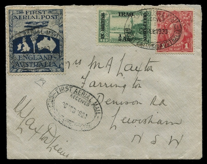 Nov.1919 - Feb.1920 (AAMC.27a) Ross Smith flight cover with the vignette affixed at left, together with an Iraq ½ anna on 10para in combination with an Australian KGV 1d red; all tied by the 26 Feb.1920 oval "FIRST AERIAL MAIL" cachet (with an additional