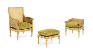 Giltwood salon armchair, footstool & side chair. Rattan back & sides. French 19th century.