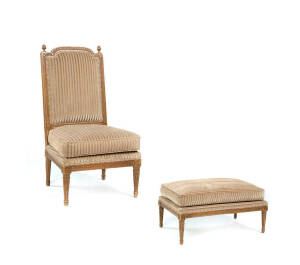SALON CHAIR & FOOTSTOOL: French 19th century carved walnut with brown upholstery.