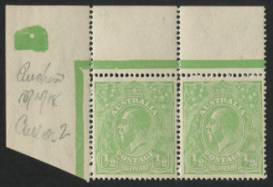 KGV Heads - Large Multiple Watermark: ½d Bluish Green, upper left cnr pair from Electro 4, with varieties "White flaw on emu's back" [4L1] and "White spot after 2 in RVT" [4L2]. Fine and fresh MUH/MLH.