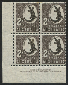 1951 (SG.224var.) 2/- Aboriginal Art, Authority Imprint blk.(4) on watermarked THIN PAPER; 2 MUH/2 MLH. [BW:263a - Cat.$480].