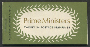 1969 5c Prime Ministers stapled remake $1 booklet; both covers without perforations. Excellent condition. Pfeffer B132fS.
