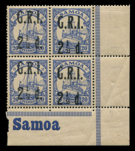 SAMOA: 1914 (SG.104) 2ï¿½d G.R.I. overprint on 20pfg blue, lower right corner block (4) with full margins, MUH. Cat.ï¿½240++.