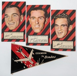 "ESSENDON - The Bombers" colour lithographed cloth banner (28cm wide) possibly by Greig's Honey; together with the 1953 Argus Football Portraits of Norm McDonald, Roy McConnell and Jack Jones. (4 items).