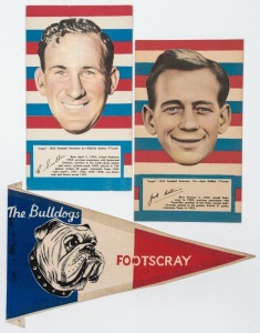 "FOOTSCRAY - The Bulldogs" colour lithographed cloth banner (28cm wide) possibly by Greig's Honey; together with the 1953 Argus Football Portraits of Charlie Sutton and Jack Collins. (3 items).