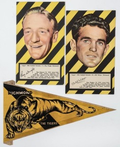 "RICHMOND - The Tigers" colour lithographed cloth banner (28cm wide) possibly by Greig's Honey; together with the 1953 Argus Football Portraits of Roy Wright and Bill Wilson. (3 items).