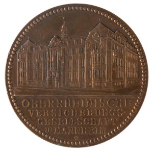 GERMANY: 1911 Bronze, (60mm) Mannheim - for the 25th Anniversary of the Upper Rhine Insurance Organization, 1886 - 1911, the obverse with the busts of Friedrich I + II.