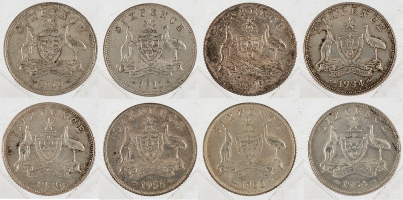 Sixpence: George V, 1910, 1911, 1925, 1934 & 1936; Elizabeth II, 1953, 1954 & 1955. (Total: 8), VF-EF.