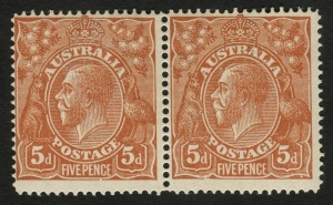 KGV Heads - Single Watermark: 5d Chestnut, Single Line perf.14, horizontal pair (2), the first unit with variety "Break in bottom frame under NC of PENCE" [BW:122f], the second with "Break in bottom frame below LVT. MVLH. Cat. $400+