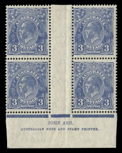 KGV Heads - CofA Watermark3d Blue, Ash Imprint block (4, N over A) from Plate 8, stamps MUH. Cat.$375++.