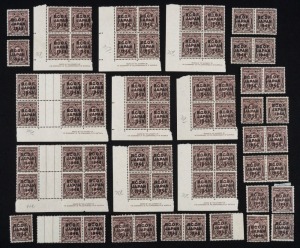 BCOF Japan: 3d King George VI, blocks, singles and pairs, (65+); including 9 Imprints, mainly MUH. Cat. £195+.