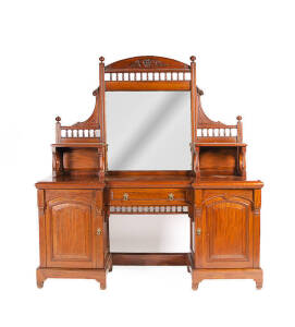 SIDEBOARD: Late Victorian mahogany twin pedestal sideboard with mirror back. Height 229cm, 212cm, depth 65cm. Provenance: Historic Corio Villa Geelong