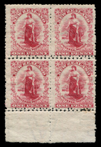 NEW ZEALAND: 1904 (SG.351) Royle 'Dot' Plate 1d rose-carmine Universal, perf 14, marginal block of (4) with MIXED DOUBLE PERFS horizontally (Perf. 14 & Perf. 11); very scarce.