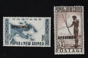PAPUA NEW GUINEA:1952 (SG.14-15s) 10/- Map & £1 Fisherman, both overprinted SPECIMEN and fresh unmounted. (2).