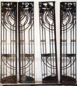 Group of 4 French wrought iron panels with floral motif, c1900. Height 300cm, width 60cm