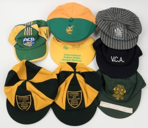 A collection of cricket team caps comprising Air New Zealand Southerners Golden Oldies Cricket Team, 1984 G.D.C.A. President's XI Singapore Tour, 1986 Kookaburra Cricket Club Sydney, 1988 Kookaburra Cricket Club Sydney, 1988 Golden Oldies Cricket Festival