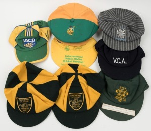 A collection of cricket team caps comprising Air New Zealand Southerners Golden Oldies Cricket Team, 1984 G.D.C.A. President's XI Singapore Tour, 1986 Kookaburra Cricket Club Sydney, 1988&nbsp;Kookaburra Cricket Club Sydney, 1988 Golden Oldies Cricket Festival