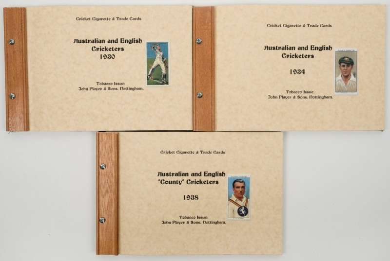 JOHN PLAYER: "Cricketers 1930" complete set of 50, "Cricketers 1934" complete set of 50, "Cricketers 1938" complete set of 50. Three complete sets presented in home-made albums.