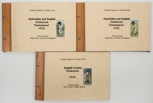 JOHN PLAYER: "1926 Cricketers Caricatures by RIP" two complete sets of 50 plus spares and W. D. & H. O. WILLS "1928 Cricketers Second Series of 50" lacking only No. 47. Presented in home-made albums. (3 items)