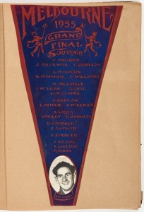 MELBOURNE 1955 GRAND FINAL SOUVENIR pennant laid down in a fascinating scrap album containing numerous newspaper clippings of sporting events of the times including Australian Rules Football and the MELBOURNE OLYMPICS.