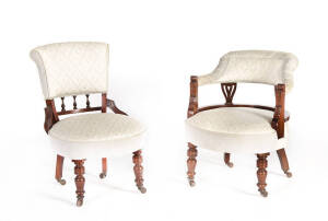 Pair of late Victorian walnut ladies salon chairs.