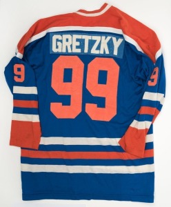 ICE HOCKEY: A WAYNE GRETZKY "99" Edmonton Oilers jersey, circa 1980; worn but of unknown status. [Made by Sandow Sporting Knit of Canada].