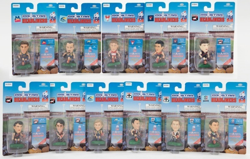 A collection of Corinthian Prostar AFL Headliners, 1997, comprising of #20 Loewe, #21 Burke, #22 Lockett, #23 Mattera, #24 Mainwaring, #25 Lyon, #28 Lynch, #34 Alessio, #35 Harvey, #36 Mercuri & #38 O'Reilly. All in their original unopened blister packs.